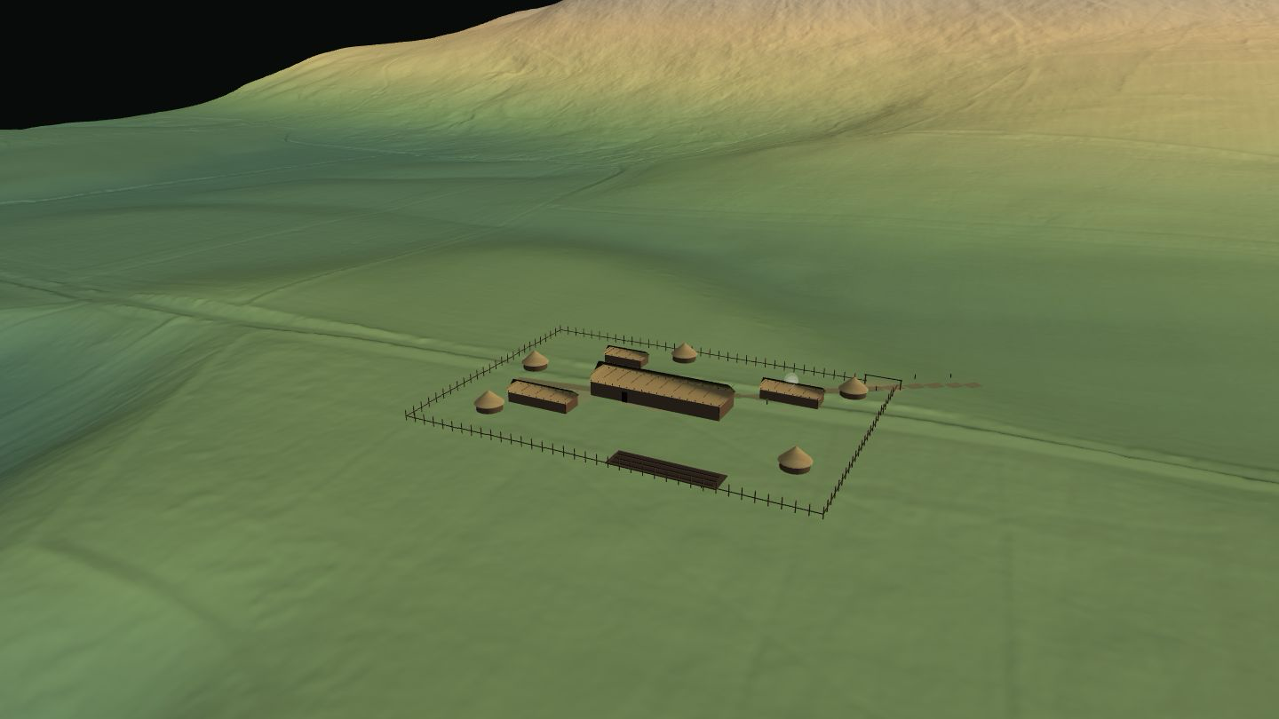 Oblique 3D LiDAR terrain view of the Ad Gefrin royal complex concept in the Yeavering valley.